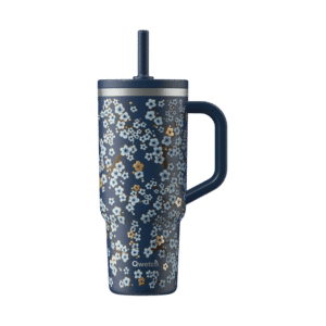 Travel Cup isotherme - Bouchon étanche QWETCH - Flowers - Bleu nuit